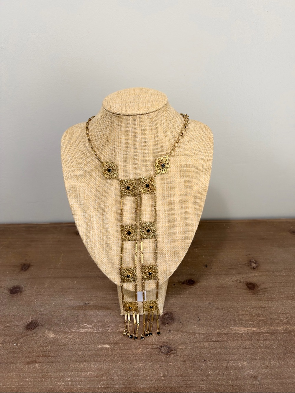 Vintage Gold Tone Filigree Black Crystal Fringe Lariat Necklace